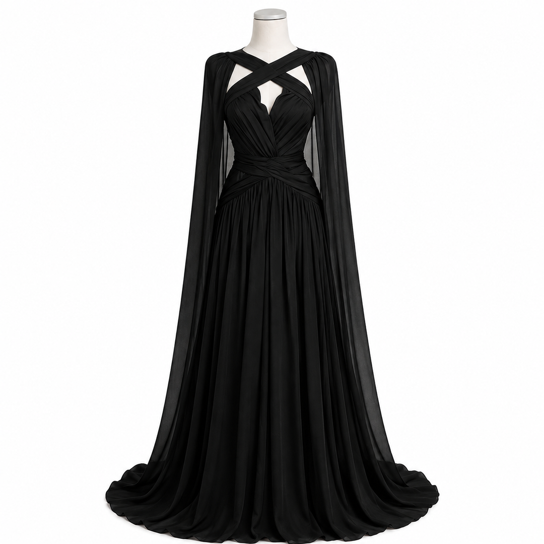 Crystal Cape Evening Gown - Noir
