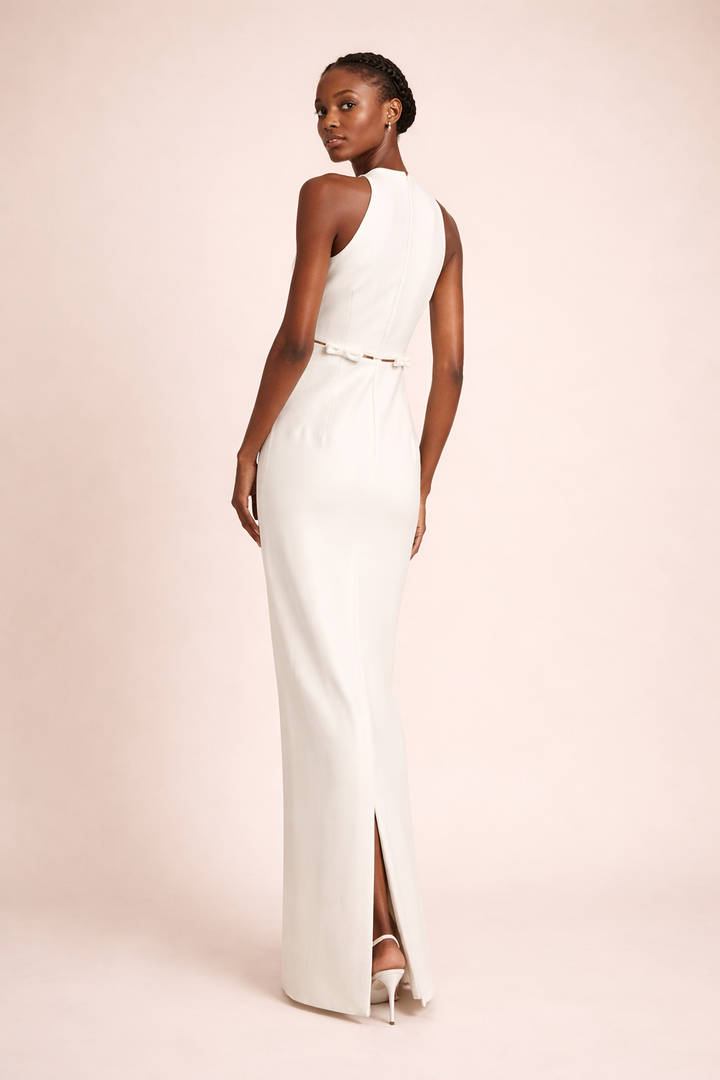 halter column gown with slim waist belt – SERENA