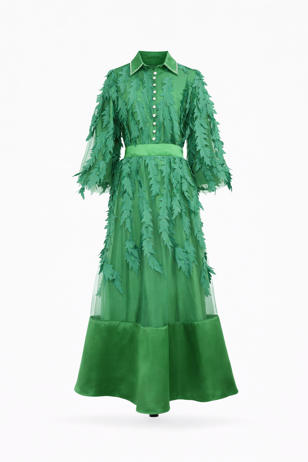long sleeve chiffon dress with 3D leaf appliqué and belted waist – VIOLET