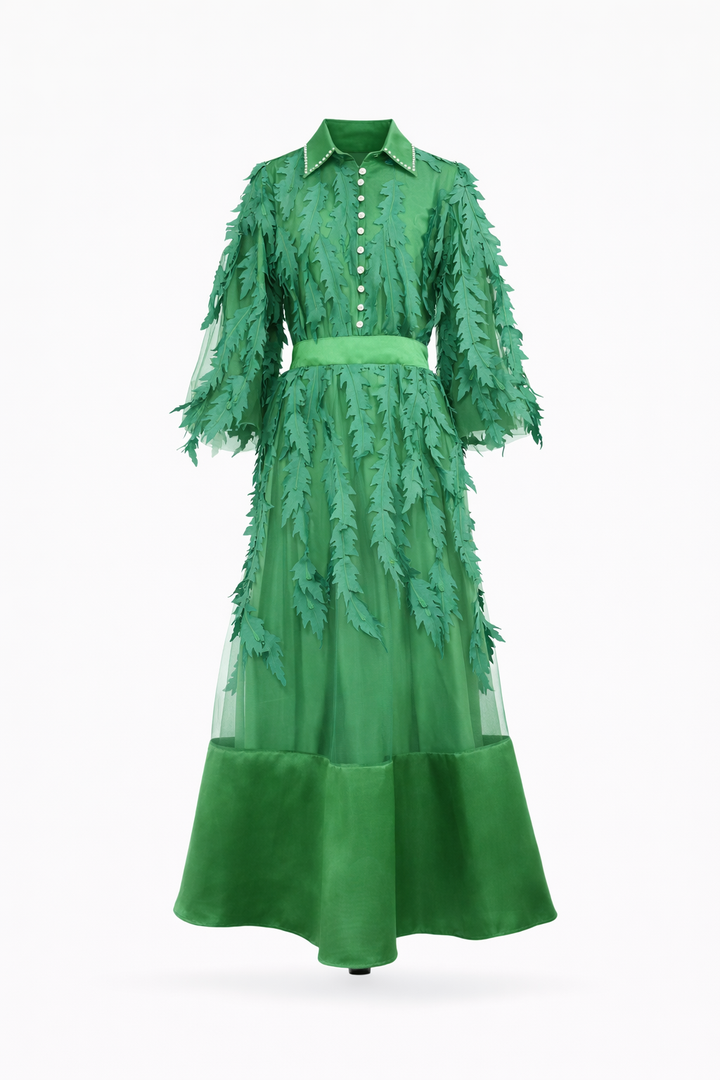 long sleeve chiffon dress with 3D leaf appliqué and belted waist – VIOLET