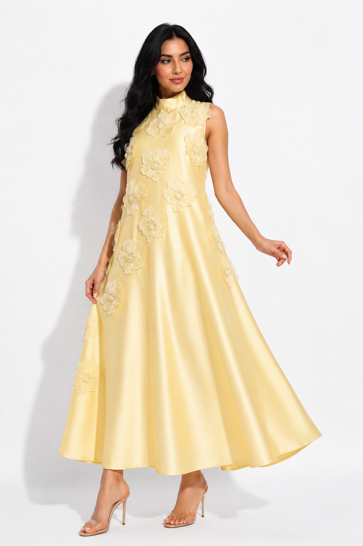Floral Appliqué Satin A-Line Dress - Champagne