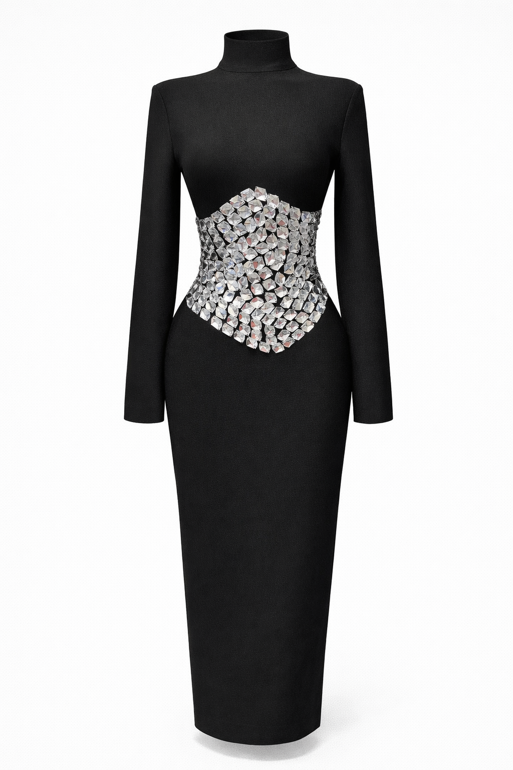 فستان ماكسي بأكمام طويلة وياقة عالية مزين بكريستال عند الخصر - كريستال