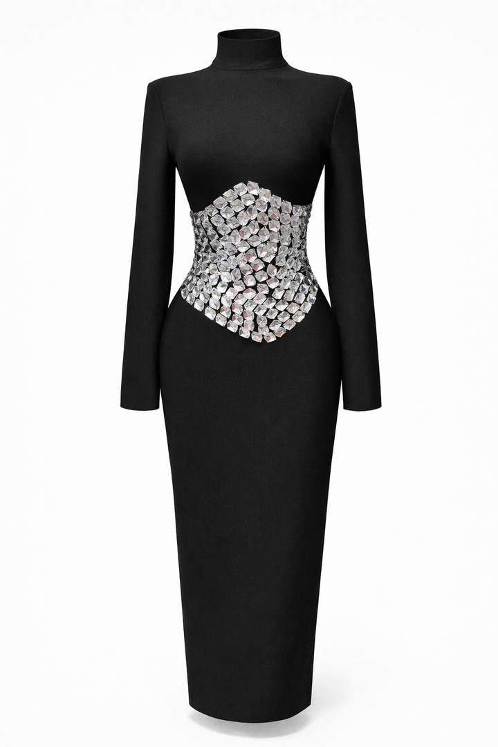 فستان ماكسي بأكمام طويلة وياقة عالية مزين بكريستال عند الخصر - كريستال