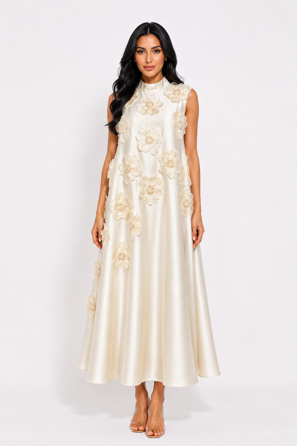 Floral Appliqué Satin A-Line Dress - Champagne