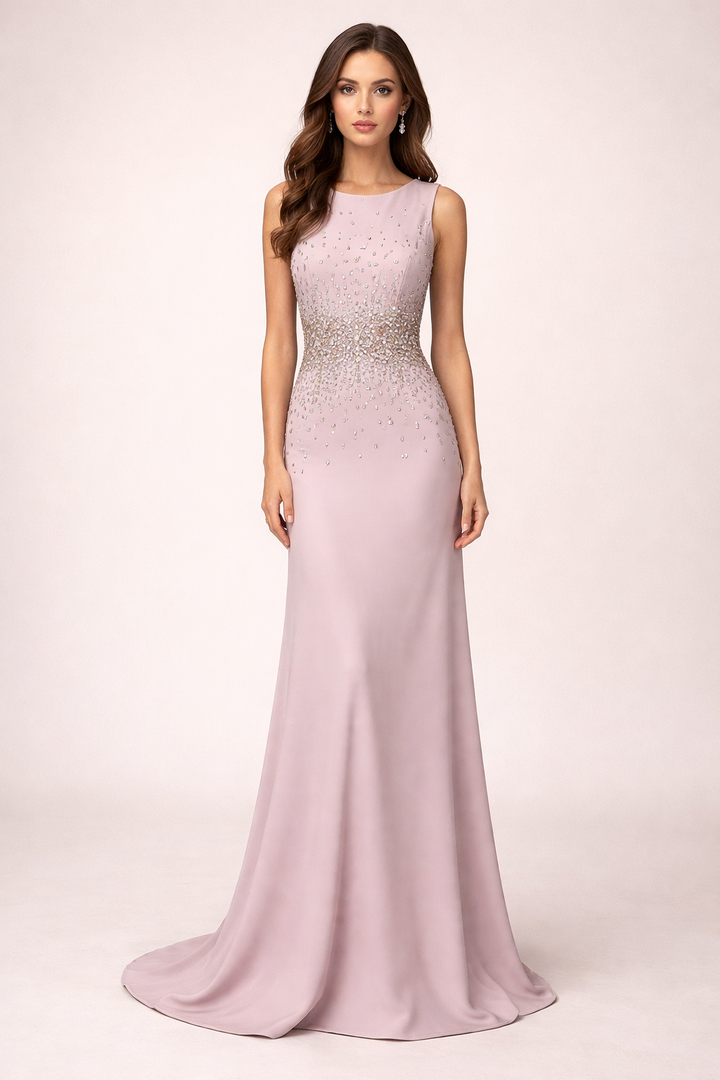 sleeveless evening gown with crystal embellished waist – BLUSH