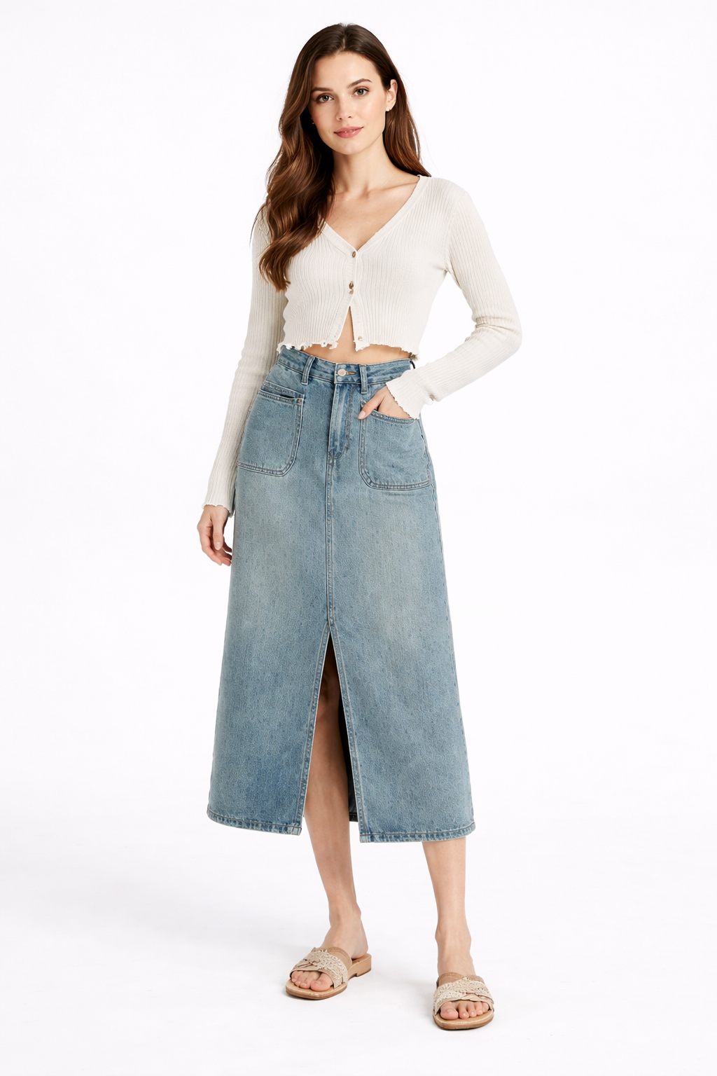 high-waisted denim midi skirt with front slit – SIENNA