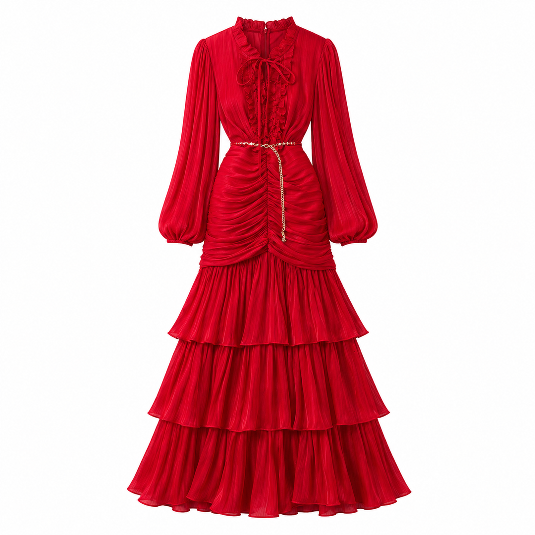 Elegant Ruched Chiffon Midi Dress - Romantic