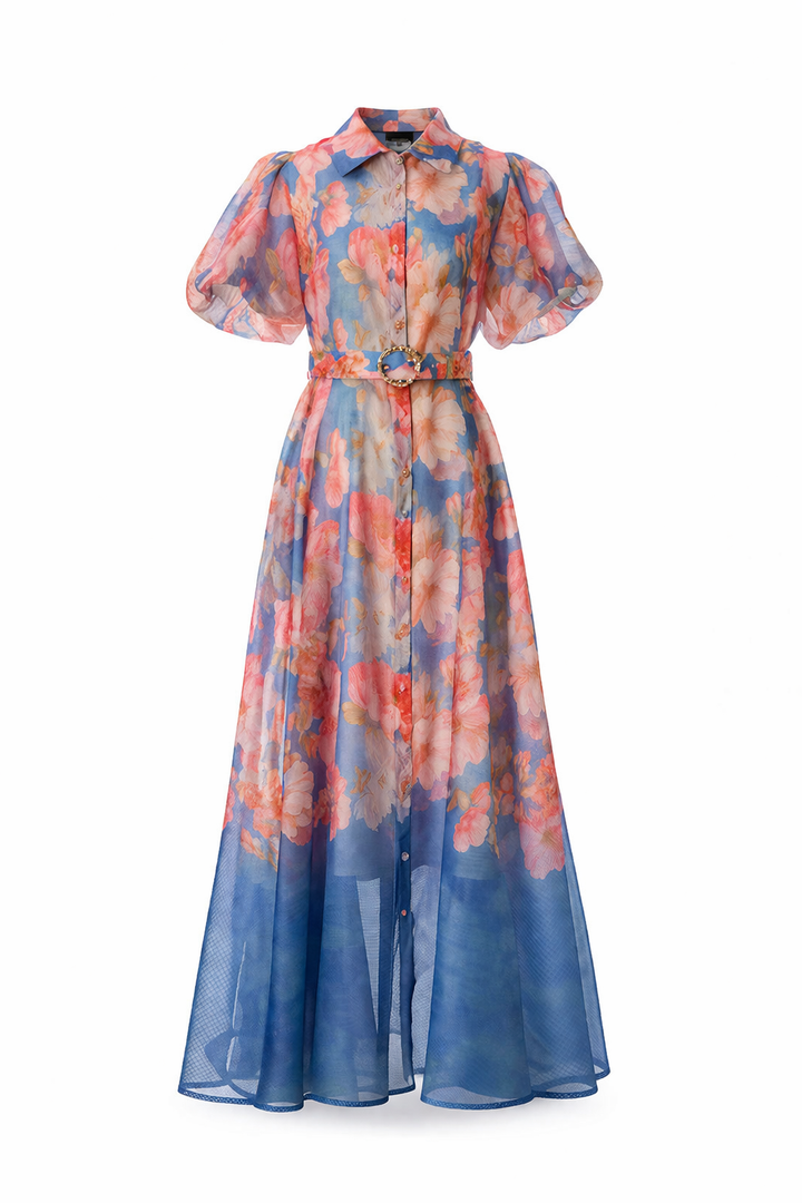 sheer floral maxi dress with puff sleeves and belt – BLOSSOM