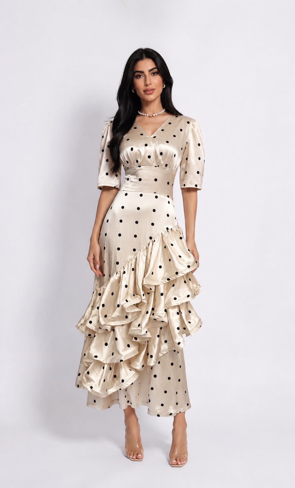 Polka Dot Ruffle Satin Dress - Valentina