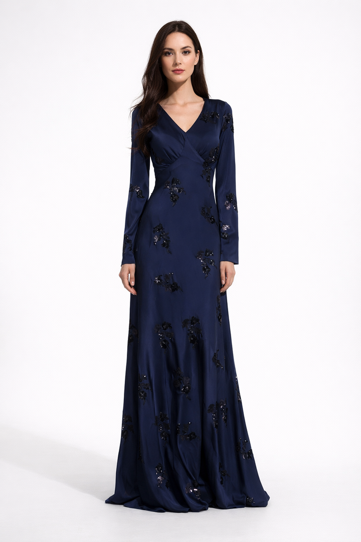 long sleeve V-neck mermaid gown with embellished detailing – MIDNIGHT