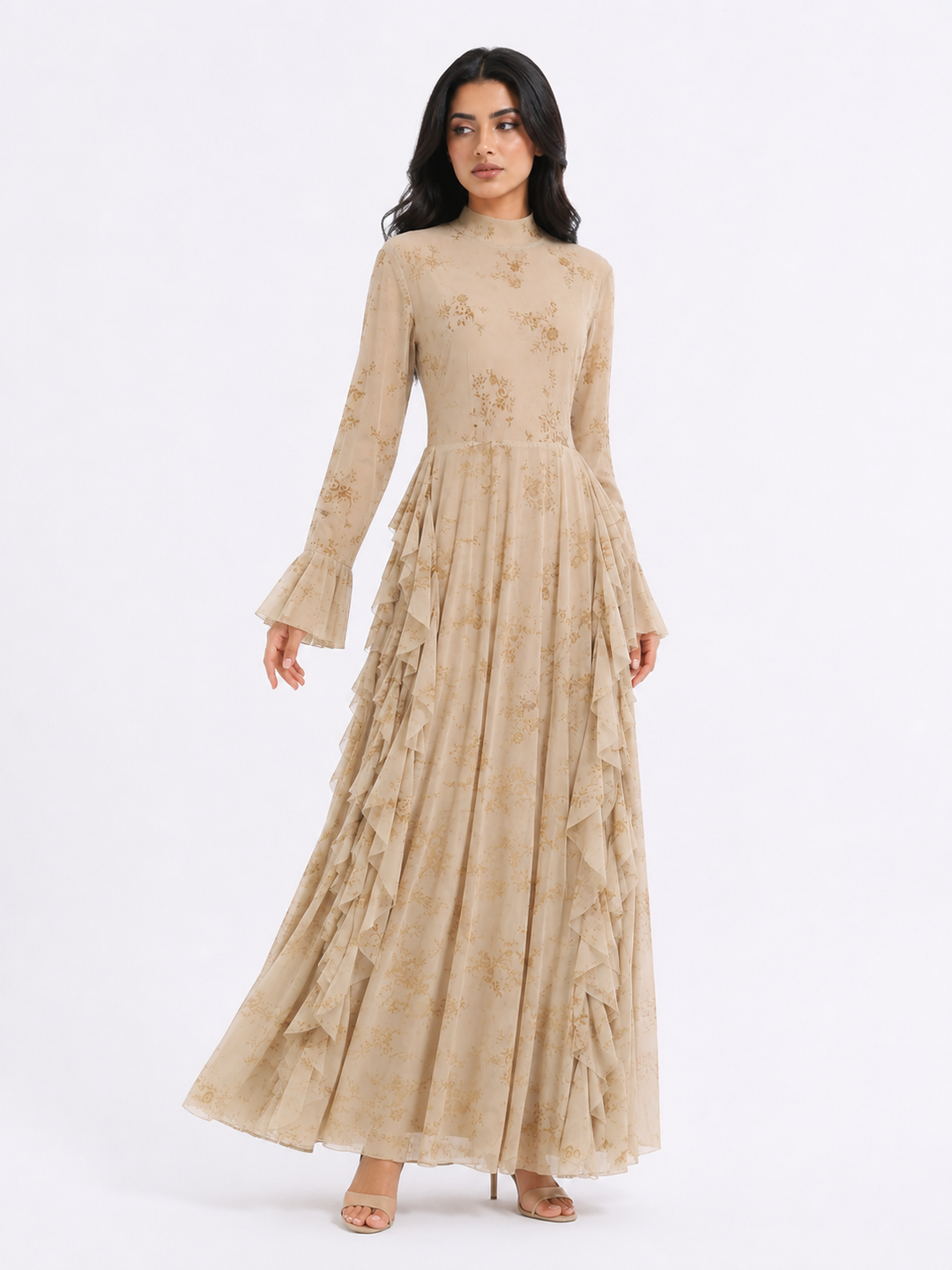 Floral Jacquard Ruffle Maxi Dress - Taupe