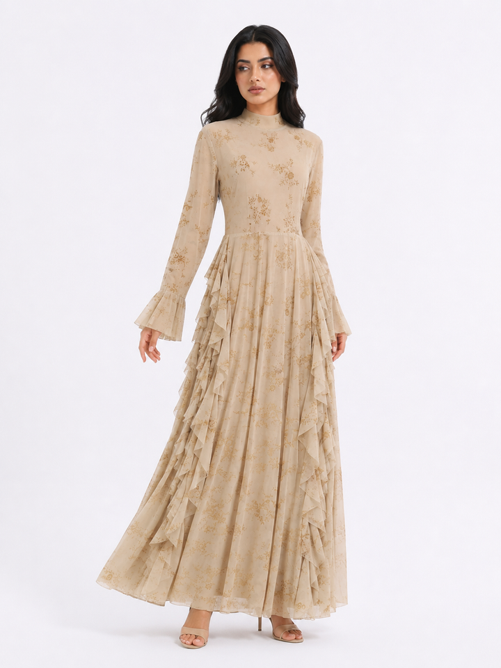 Floral Jacquard Ruffle Maxi Dress - Taupe