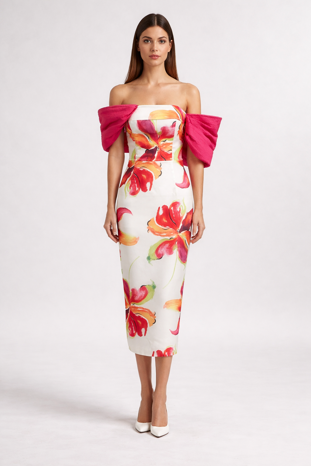 Floral Off-Shoulder Midi Dress with Statement Bow Sleeves-SIFAN