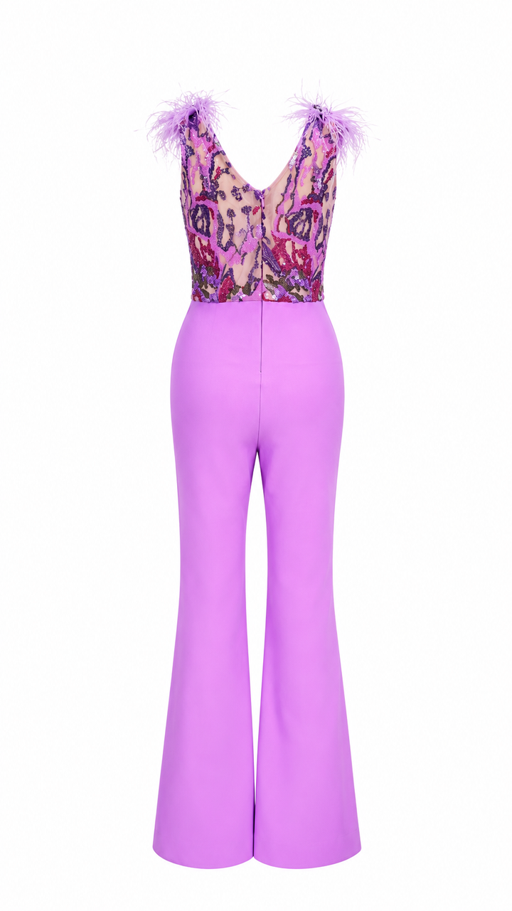 Lilac Sequin Feather Jumpsuit - Amora