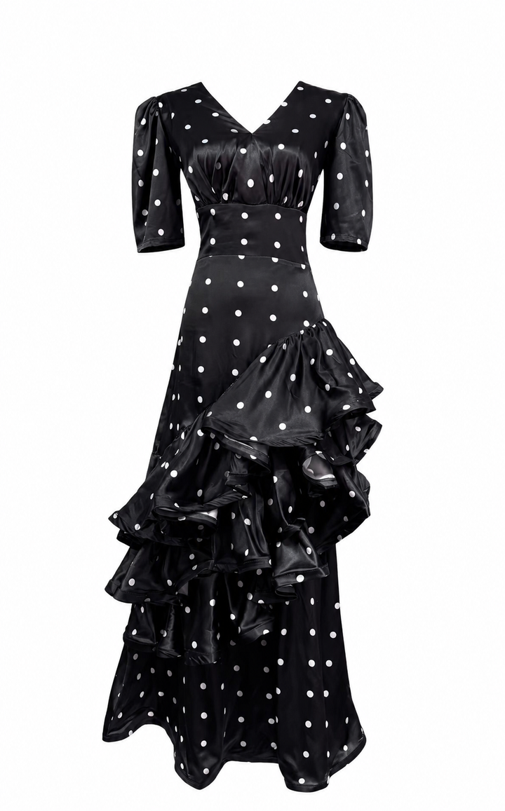 Polka Dot Ruffle Satin Dress - Valentina