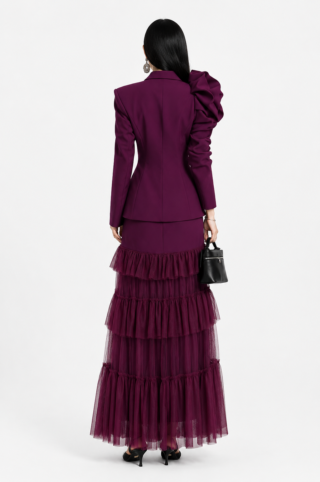 Elegant Ruffle Sleeve Blazer & Tiered Tulle Maxi Dress Set - Luxury