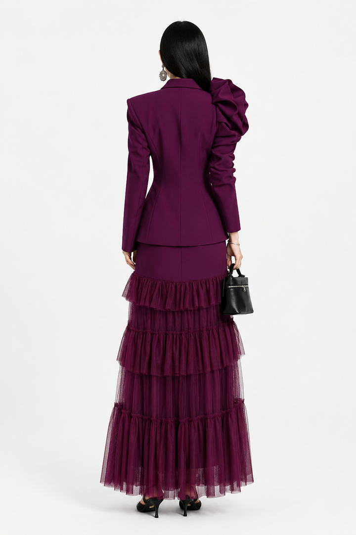 Elegant Ruffle Sleeve Blazer & Tiered Tulle Maxi Dress Set - Luxury