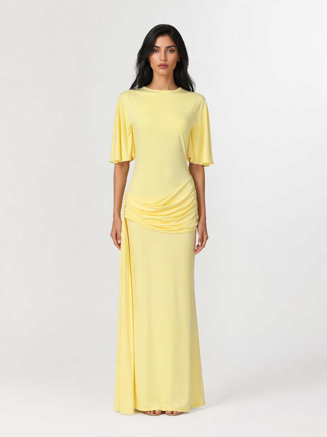 Yellow Ruched Maxi Dress with Flowy Sleeves - SOLARA