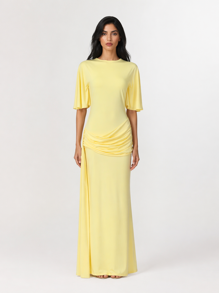 Yellow Ruched Maxi Dress with Flowy Sleeves - SOLARA