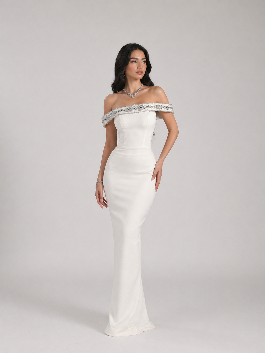 Ivory Off-Shoulder Evening Gown with Crystal Embellished Neckline – ÉLARAS
