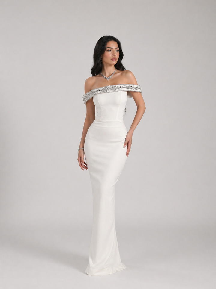 Ivory Off-Shoulder Evening Gown with Crystal Embellished Neckline – ÉLARAS