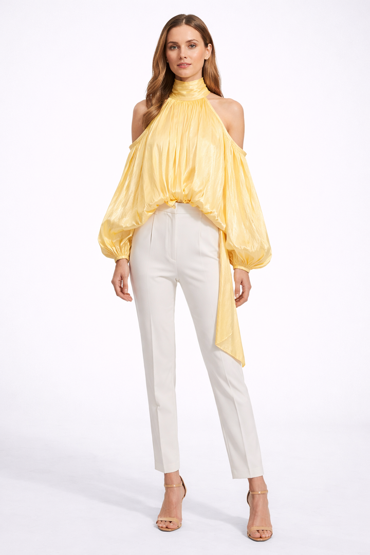 halter neck blouse with draped chiffon volume – IVORY