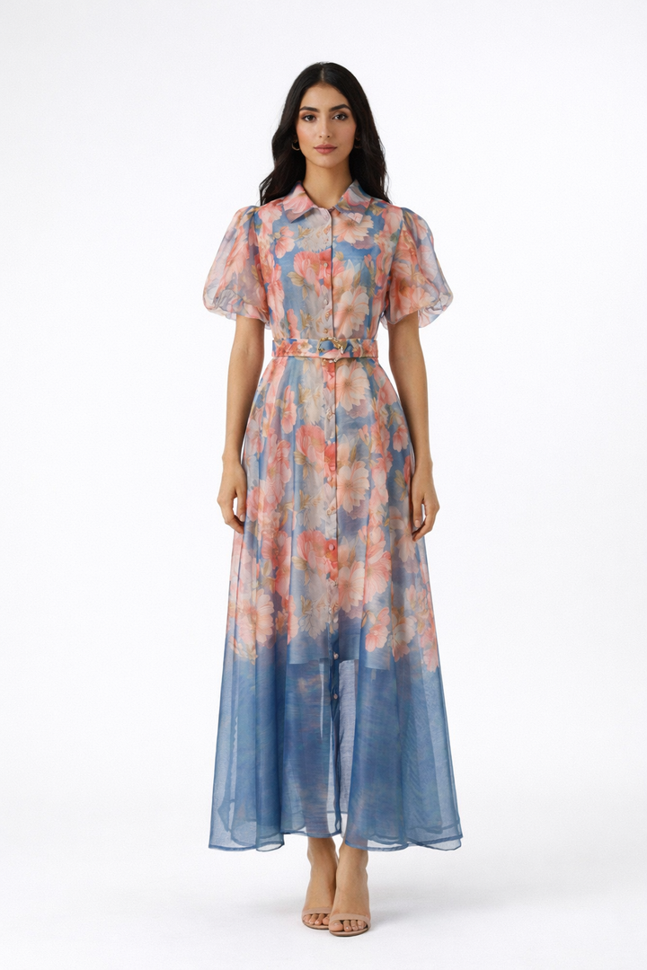 sheer floral maxi dress with puff sleeves and belt – BLOSSOM