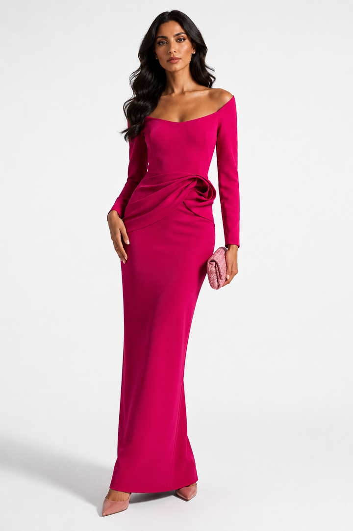 Fuchsia Draped Waist Evening Gown - Vivienne