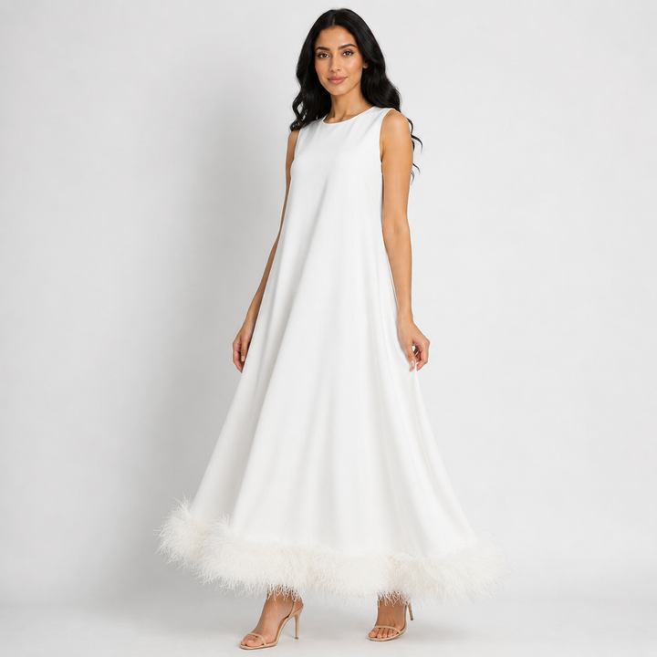 Feather Hem Shift Midi Dress - Ivory
