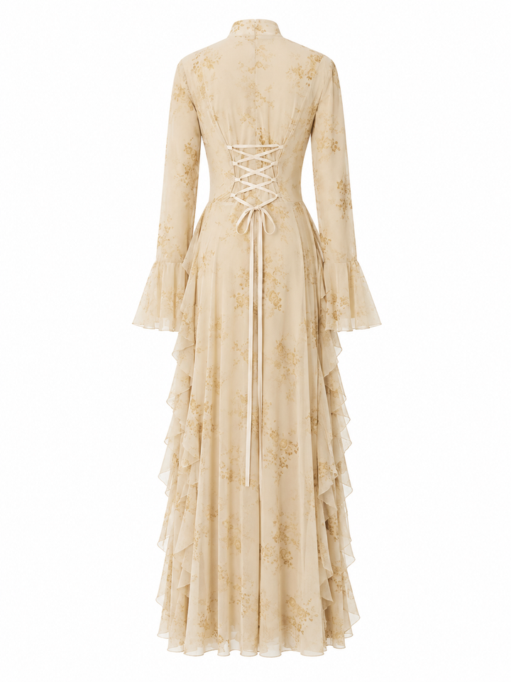 Floral Jacquard Ruffle Maxi Dress - Taupe