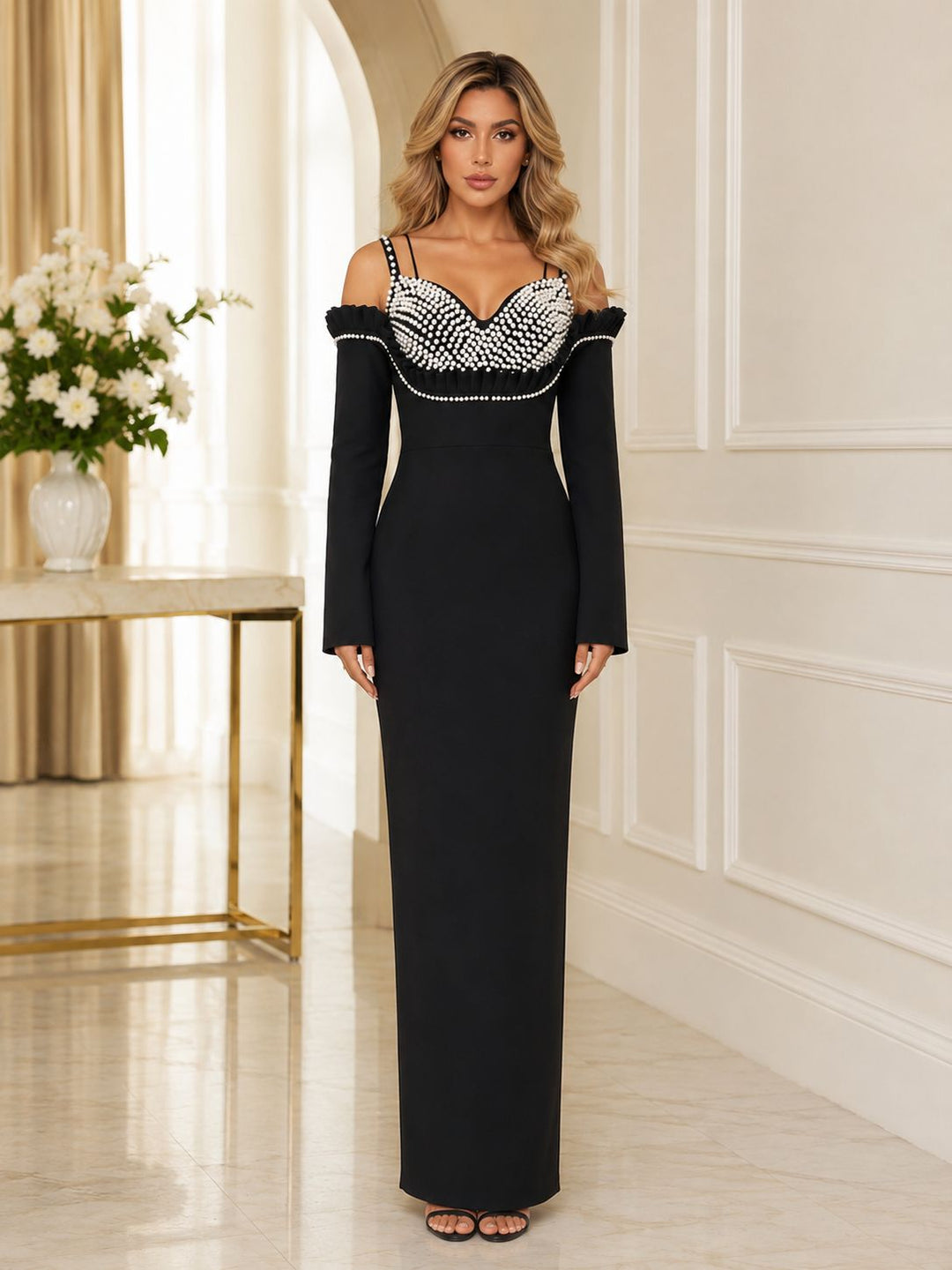 Black Pearl Embellished Off-Shoulder Evening Gown - Prestige
