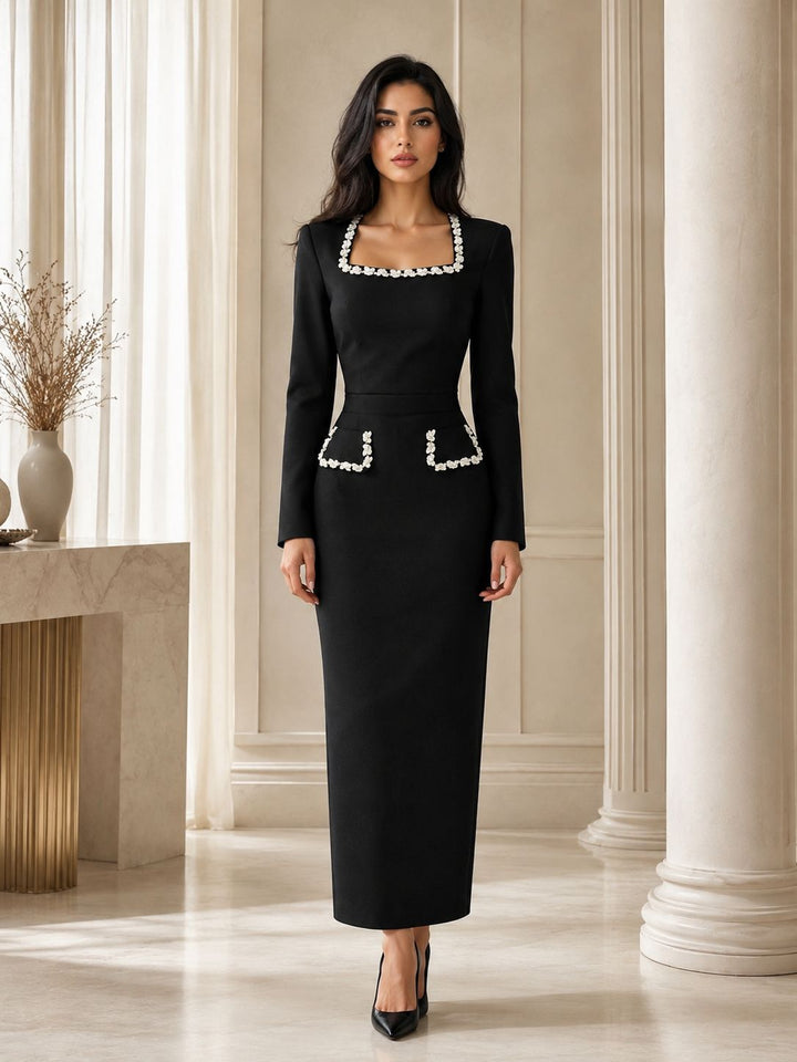 Crystal Trim Square Neck Midi Dress - Elegance