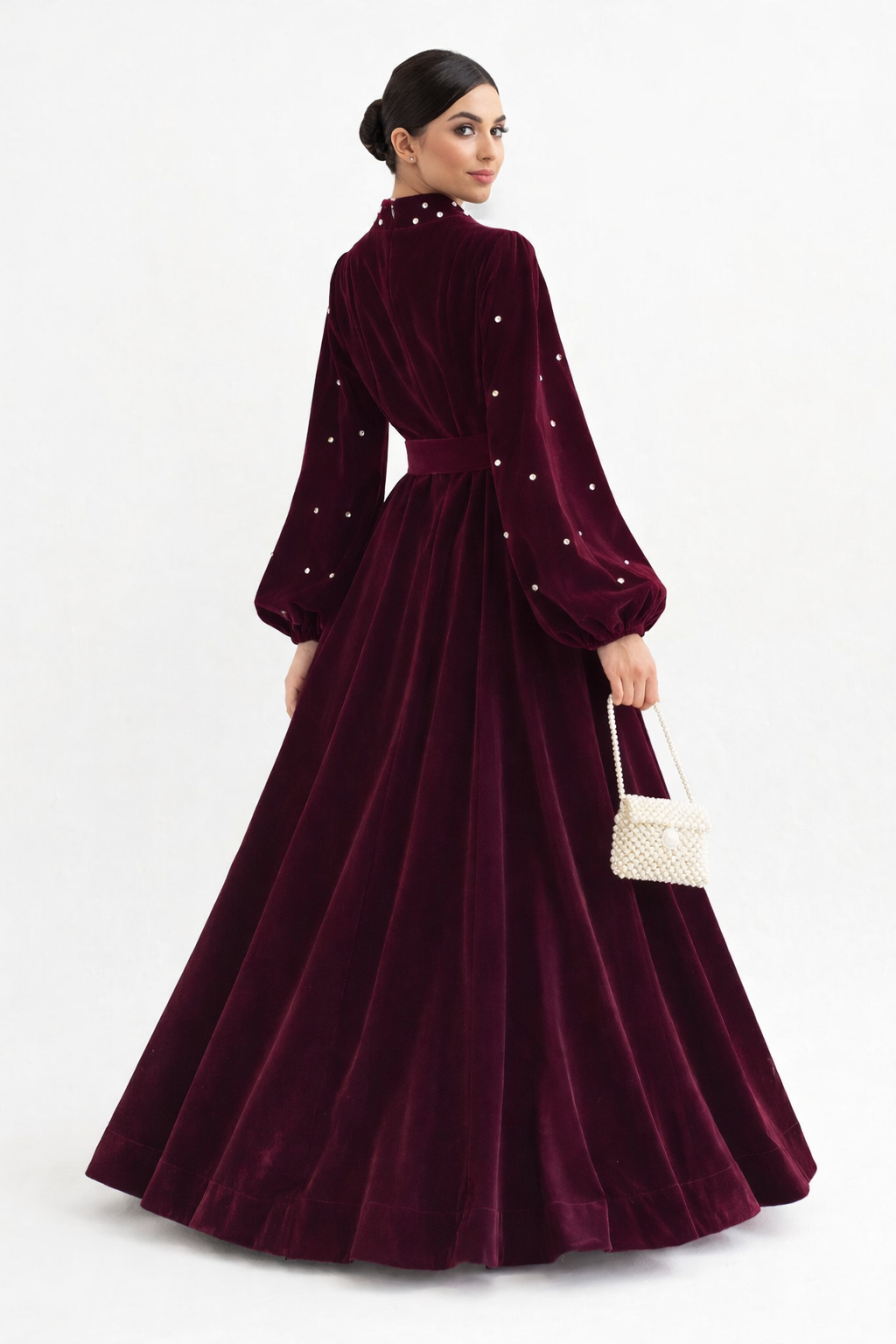 pearl-embellished velvet midi dress with waist tie – CELESTE