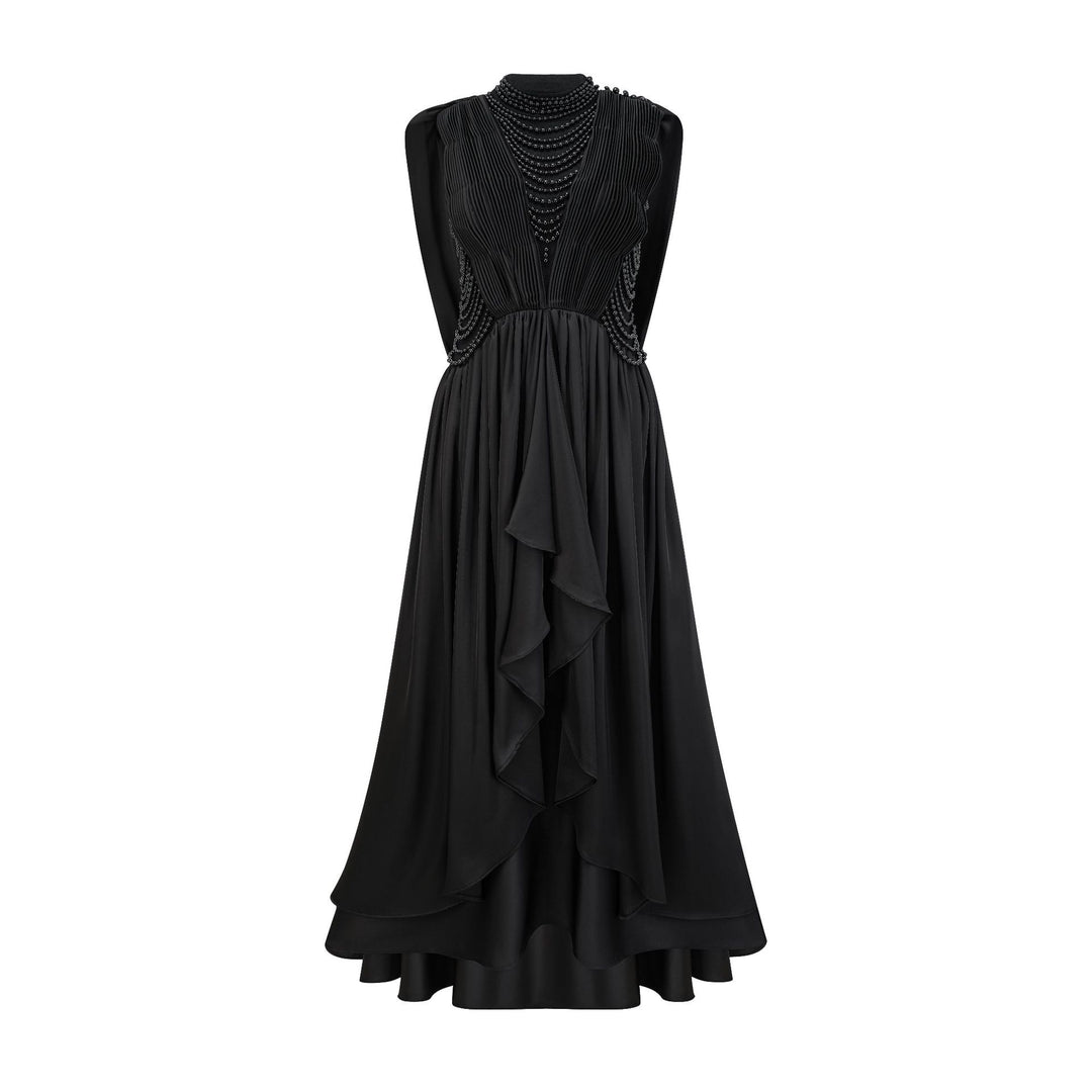 sleeveless draped evening dress with embellished neckline – NOIR