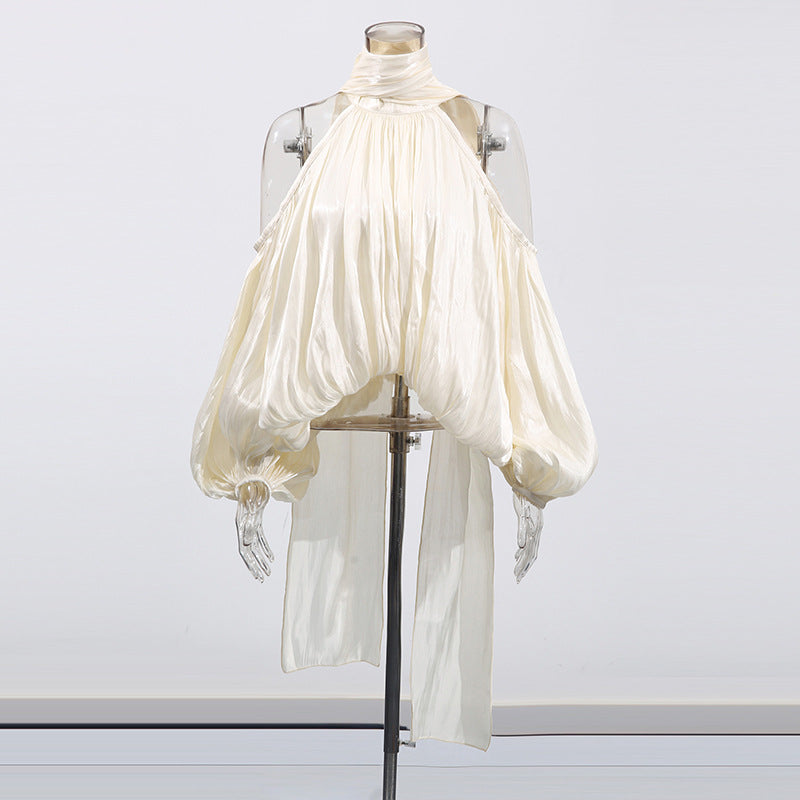 halter neck blouse with draped chiffon volume – IVORY