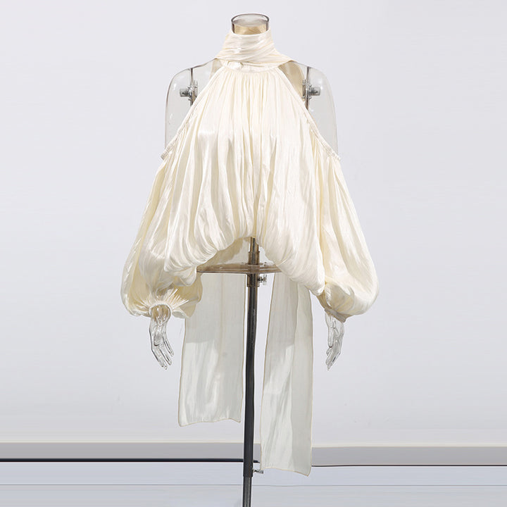 halter neck blouse with draped chiffon volume – IVORY