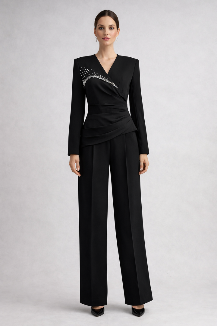 long sleeve wrap top with embellished neckline and wide-leg pants set – IVORIA