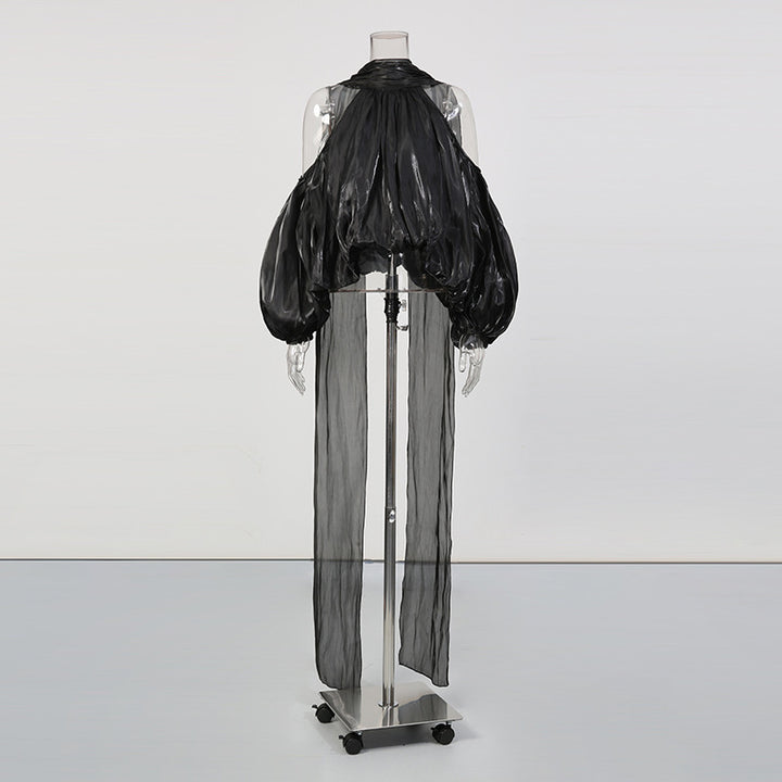 halter neck blouse with draped chiffon volume – IVORY