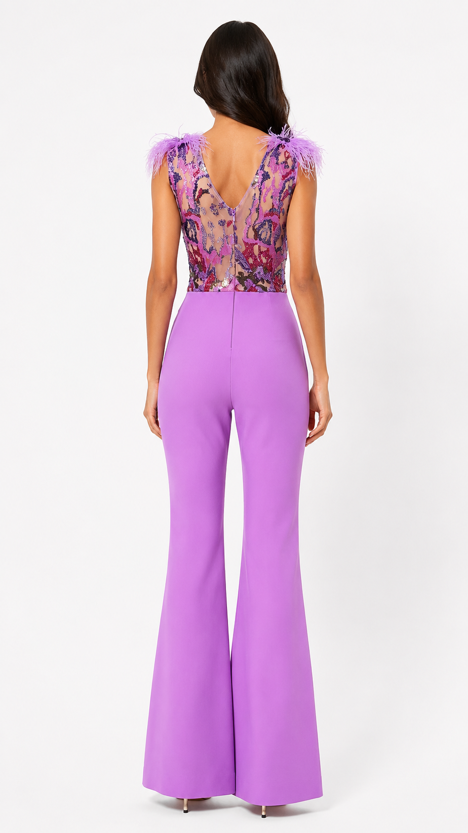 Lilac Sequin Feather Jumpsuit - Amora