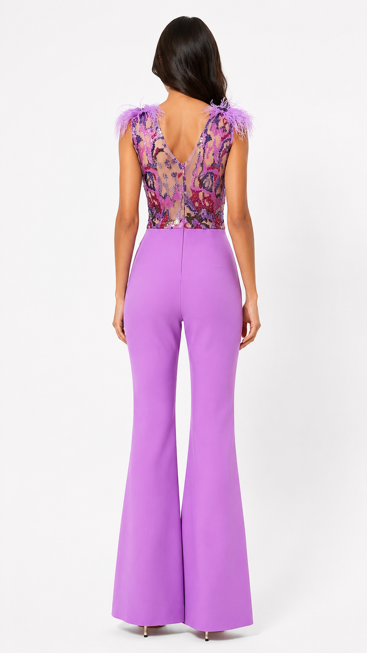 Lilac Sequin Feather Jumpsuit - Amora
