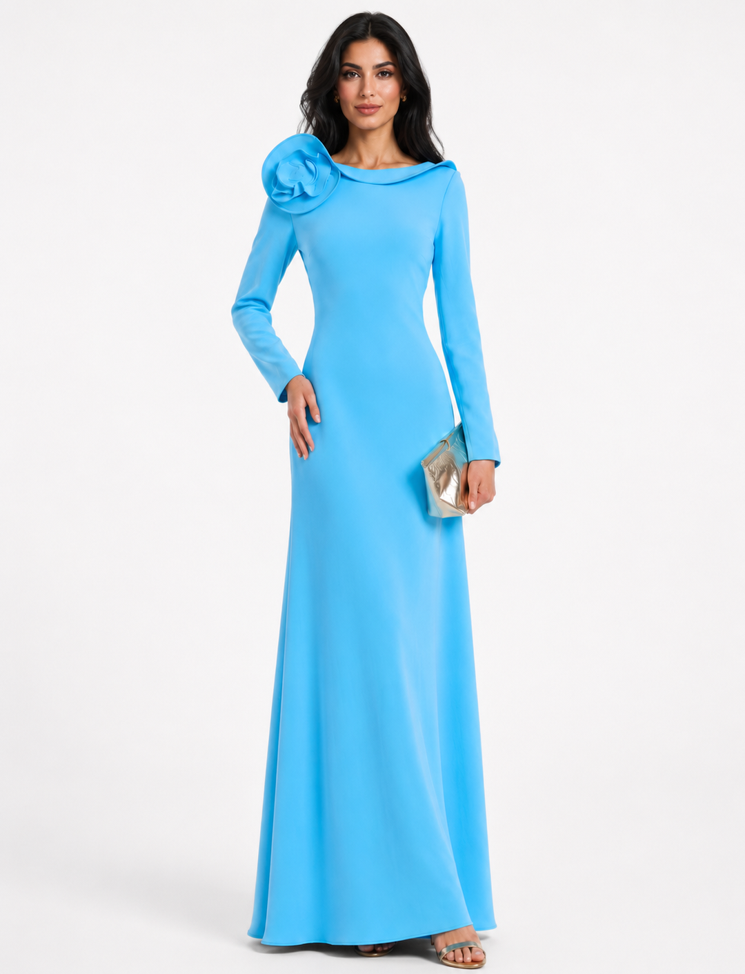 Sky Blue Rosette Shoulder Gown - Azure