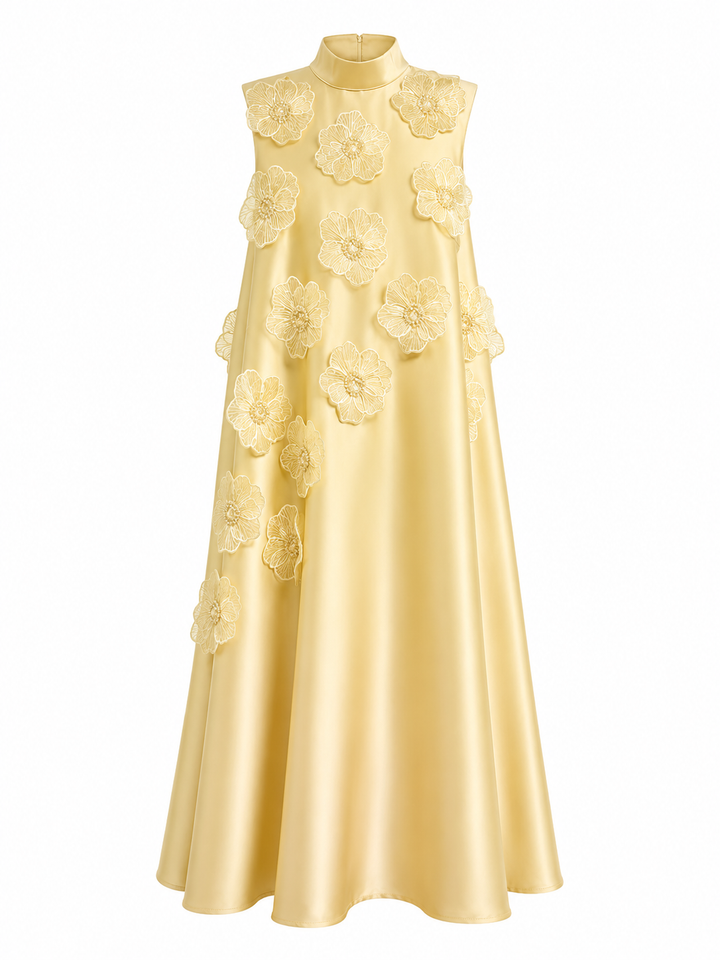 Floral Appliqué Satin A-Line Dress - Champagne