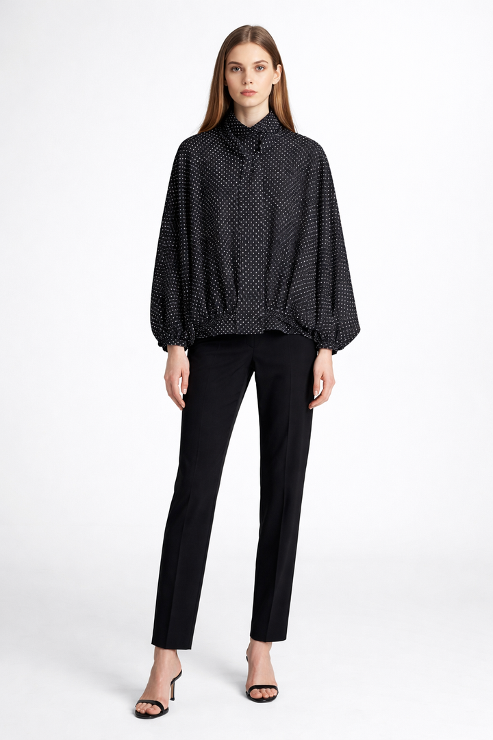 polka dot blouse and flowing midi skirt set with tie-neck – NOIR