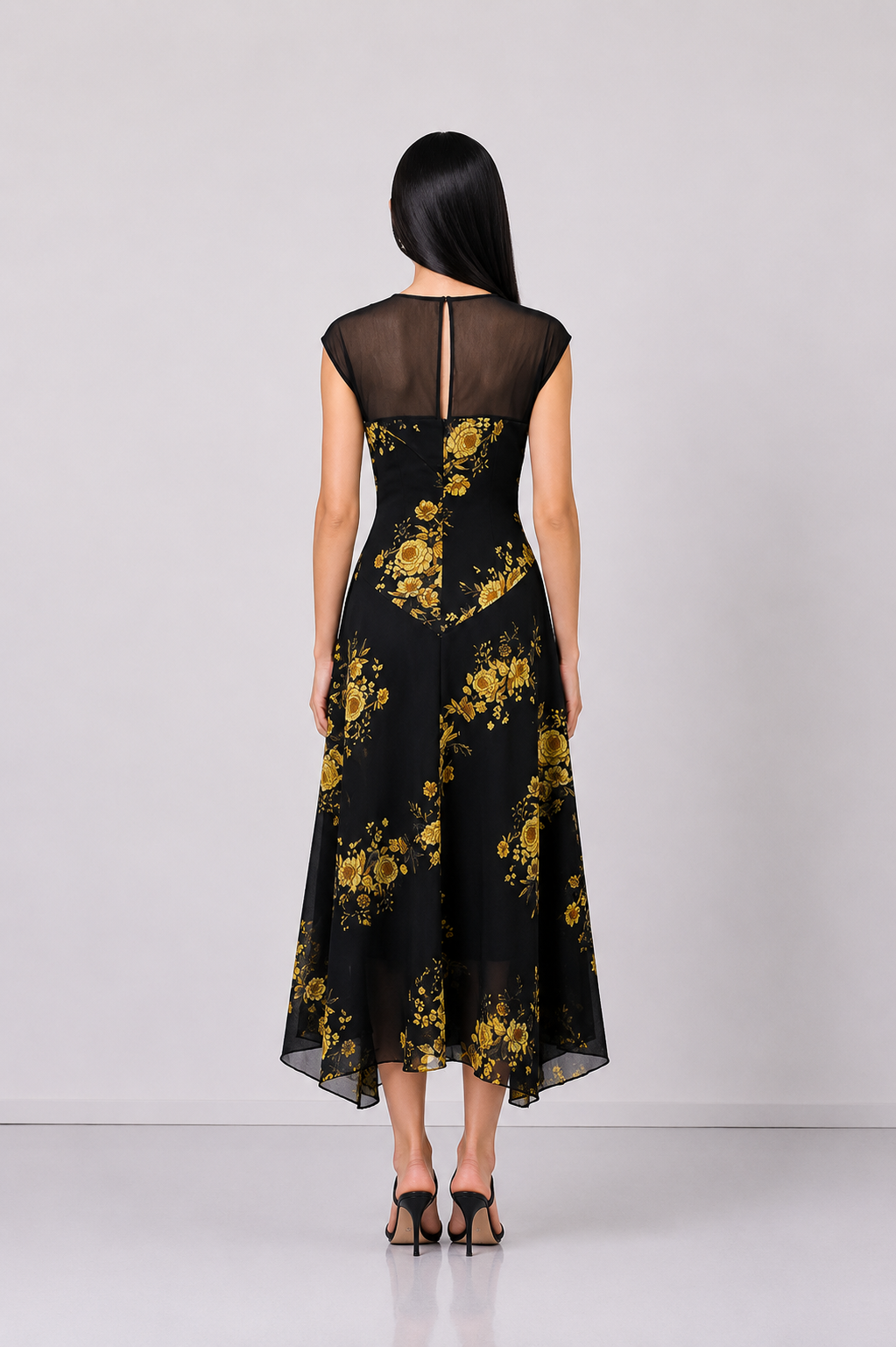 Black Floral Mesh Midi Dress - Midnight