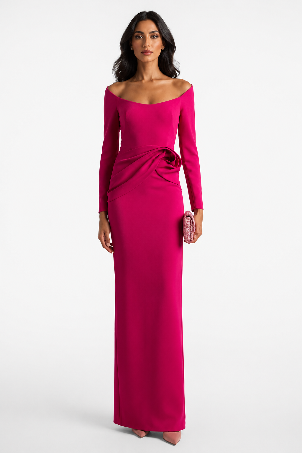 Fuchsia Draped Waist Evening Gown - Vivienne