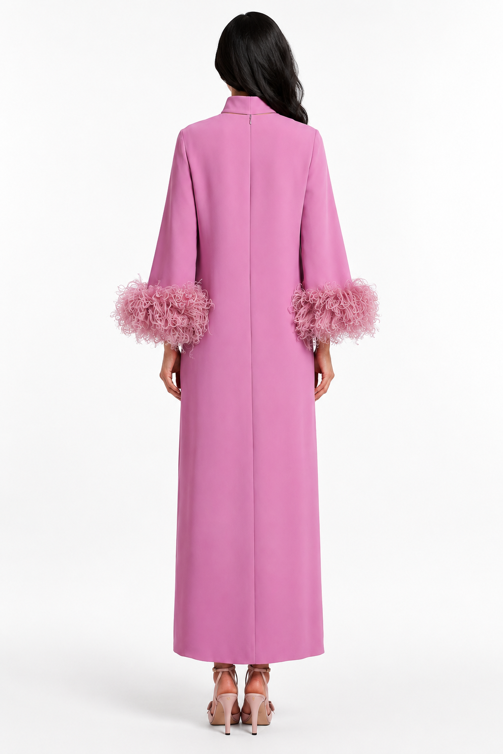 Rose Pink Feather Cuff Maxi Dress - Camellia