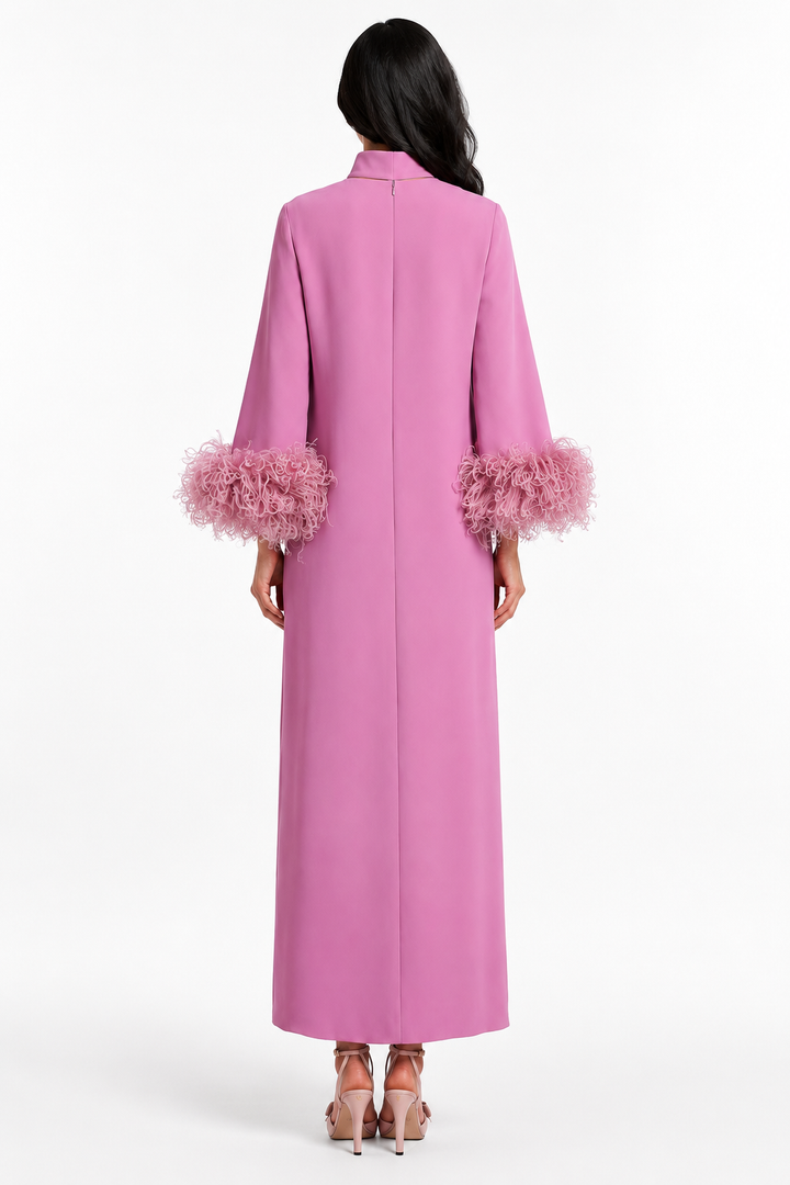 Rose Pink Feather Cuff Maxi Dress - Camellia