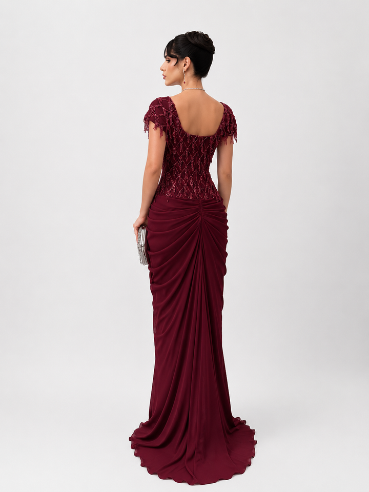 Embellished Draped Evening Gown - RUBENZA