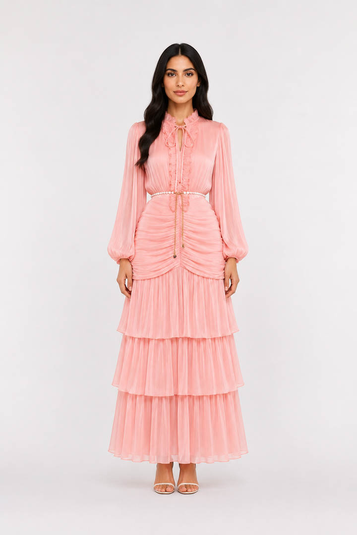Elegant Ruched Chiffon Midi Dress - Romantic