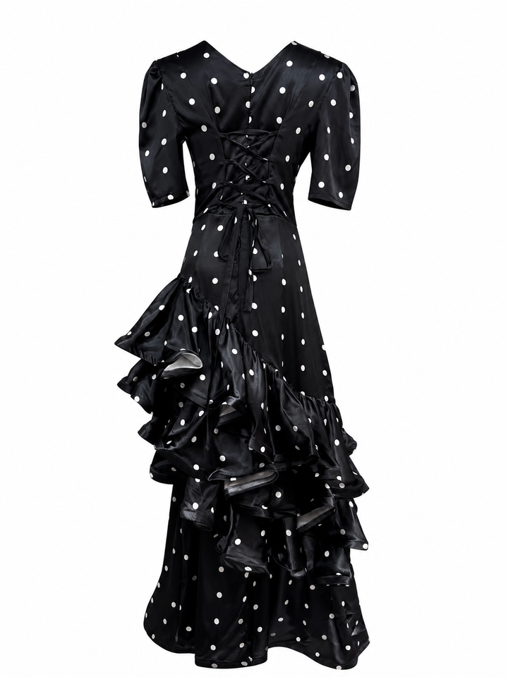 Polka Dot Ruffle Satin Dress - Valentina